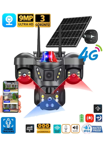 V380 Pro On-sg4366 9mp 3+3+3 Üç Kameralı Ultrahd 4g Güneş Enerjili Akıllı Güvenlik Kamerası