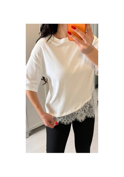 Butik İstanbul Kısa Kollu Bısıklet Yakalı Dantel Detaylı Vıskon Ikı Iplık Bluz Beyaz