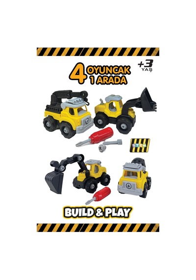 Build & Play 4 Ü 1 Arada Sök Tak İş Makinesi Oyuncak Seti Kepçe Mikser Vinç Buldozer Stem +3 Yaş