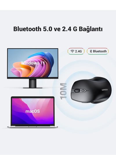 Ugreen Ergonomik Sessiz Çift Modlu Bluetooth & Wireless Kablosuz Mouse, Siyah, 90395 -
