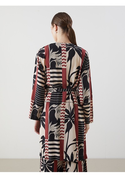 Lcw Modest Siyah Şal Yaka Desenli Oversize Kadın Kimono