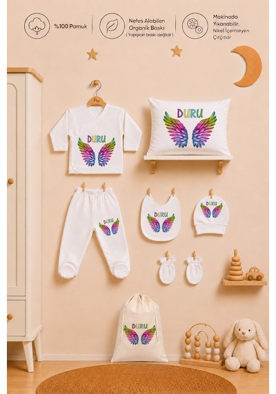 Pia Baby Kız Bebek Hastane Çıkışı 8 Parça İsme Özel Hediye Keseli Zıbın Seti %100 Pamuk Organik Baskı 2051zybk0x Krem