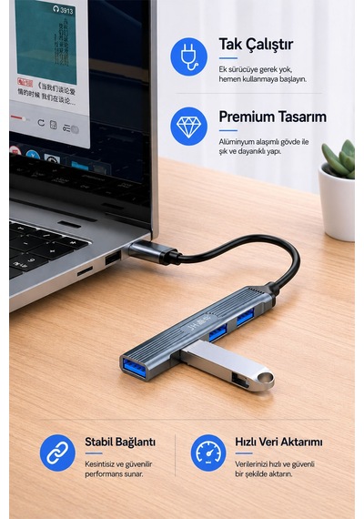 Type-c 4 Port Usb Hub Çoklayıcı, 1 Usb 3.0 Ve 3 Usb 2.0 Girişli Otg Adaptör, Klavye Mouse Usb Bellek Harici Disk Uyumlu, Alüminyum Gövde, Mac Windows Linux N613