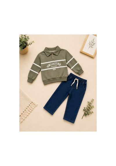 Minaminokids Erkek Çocuk Polo Yaka Sweatshirt Ve Kot Pantolon İkili Takım Haki