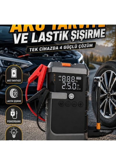 4 Fonksiyonlu Akü Takviye Cihazı Ve Dijital Lastik Şişirme Kompresörü Powerbank Led Işıklı