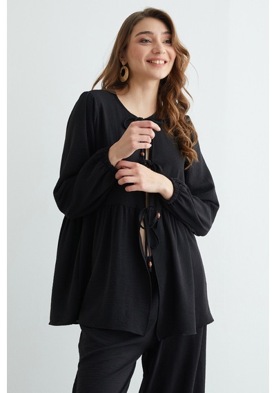 Fullamoda Fullamodest Önü Bağlamalı Ayrobin Kimono 2 Li Takım Siyah