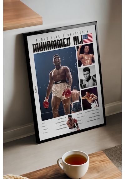 Muhammed Ali Boks Siyah Ahşap Çerçeveli Poster, Dekoratif Dövüş Duvar Tablosu