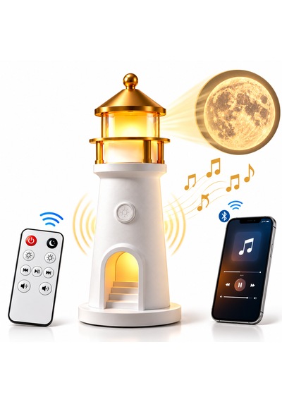 Kenly Deniz Feneri Ay Projeksiyonlu Led Gece Lambası Bluetooth Hoparlörlü Kumandalı Dimmerli 2400 Mah Şarjlı Masa Lambası Beyaz