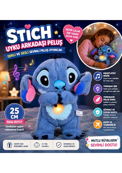Stich Uyku Arkadaşı Peluş 25 Cm Işıklı Ve Sesli Sevimli Peluş Oyuncak Mavi