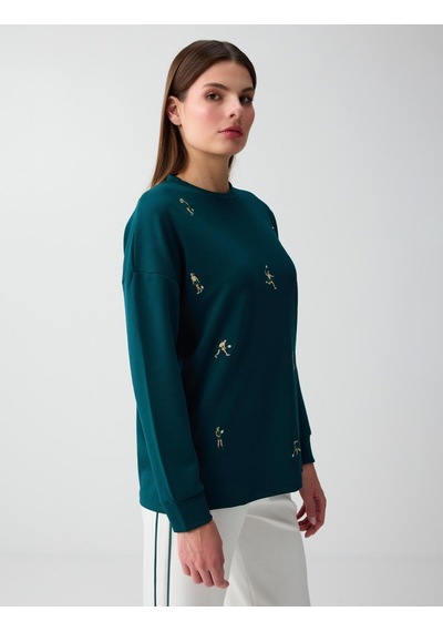 Jimmy Key Koyu Yeşil Bol Kesim Uzun Kollu Desenli Sweatshirt 6sw237193320