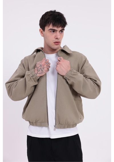 Erkek Gabardin Kumaş Fermuarlı Oversize Beli Lastikli Mevsimlik Ceket-265 Haki