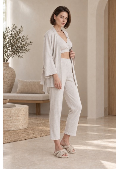 Loule Kadın Bej Melanj Kimonolu Penye Pijama Takımı Braletli 3 Parça Loule Kadın Bej Melanj Kimonolu Penye Pijama Takımı Braletli 3 Parça