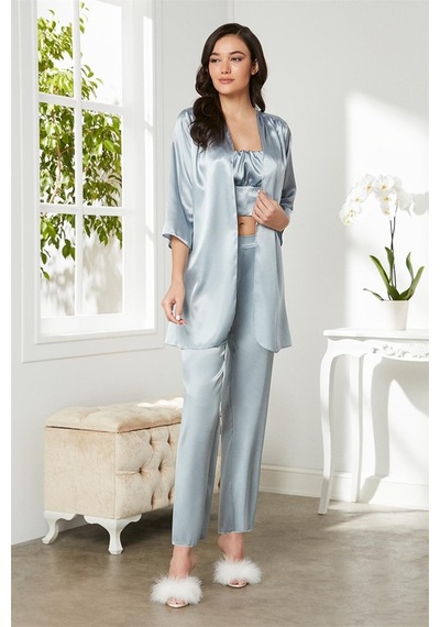 Pierre Cardin 2075 Kadın Saten Sabahlıklı Pijama Takım-mist Mist