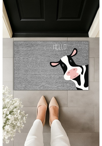 Rugmood Modern Dijital Baskı Paspas - Hello İnek Paspas - Kapı Önü Paspası 70x45cm Gri