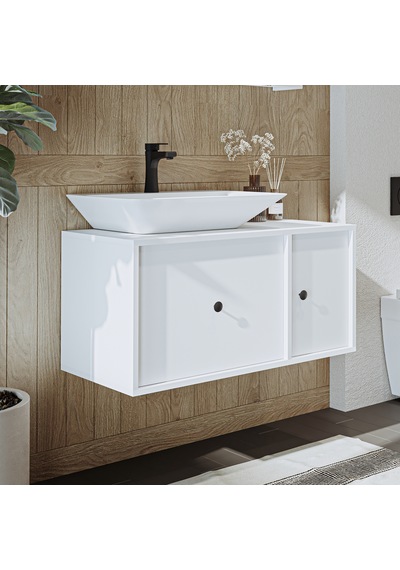 Gusto Ayaksız Lavabolu Mdf 90 Cm Çekmeceli Banyo Dolabı Beyaz Mat Beyaz
