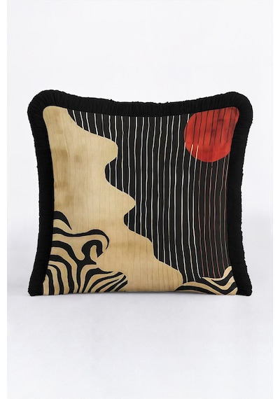 Modern Soyut Zebra Motifli Saçaklı Yastık Kılıfı - Sanatsal Safari Bej Siyah Püsküllü Kırlent Kılıfı Derin Kanyon Halo