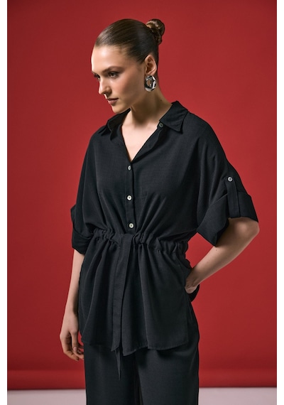 Beli Bağlamalı Kimono Gömlek - Siyah-137288