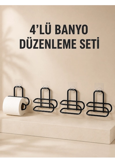 4 Adet Yapışkanlı Tuvalet Kağıdı Askısı Siyah Metal Delmeden Duvara Monte Wc Kağıtlık Su
