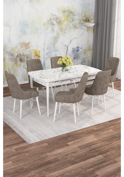 Mona Beyaz Mermer 80x132 Açılabilir Mdf Masa Yemek Odası Takımı, Mutfak Takımı 6 Adet Sandalye Beyaz Mermer - 6 Cappuccino - Beyaz Ayak Mona Beyaz Mermer 80x132 Açılabilir Mdf Masa Yemek Odası Takımı, Mutfak Takımı 6 Adet Sandalye Beyaz Mermer - 6 Cappuccino - Beyaz Ayak