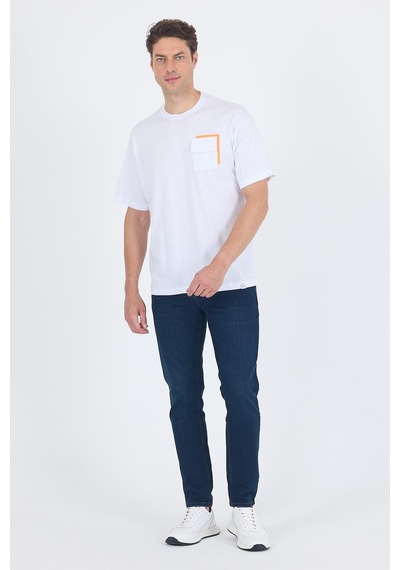 Beyaz Kısa Kol Bisiklet Yaka Kapaklı Cep Pamuk Casual Oversize Tişört 1011250131 Beyaz