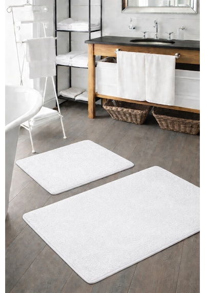 Buççin Online Mağaza Peluş Yıkanabilir Beyaz Kaymaz Taban 2'li Banyo Paspası Takımı 50x80 50x40 Polyester Beyaz Çok Renkli