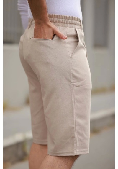 Defymoda Erkek Beli Bağcıklı Ve Düğmeli Bezayağı Kumaş Şort Bej