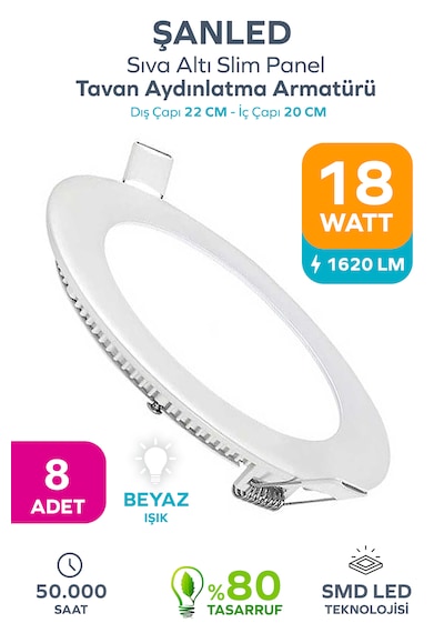 18w Tasarruflu Led Yuvarlak Beyaz Işık Sıva Altı Slim Panel Tavan Aydınlatma Armatürü-8 Adettir
