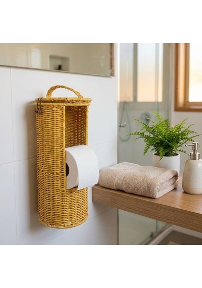 Askılı Plastik Rattan Tuvalet Kâğıdı Standı Hasır Görünümlü, Kapaklı, Yedekli Wc Kâğıtlık, Banyo Ve Tuvalet İçin Dekoratif Organizer Altın