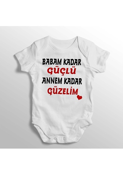 Tuğba Baby Tuğbababy Babam Kadar Güçlü Annem Kadar Güzelim Yazılı Baskılı Bebek Zıbını Beyaz