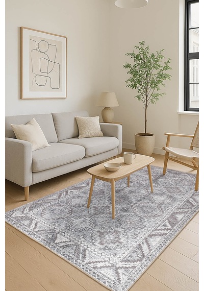 Stonart Eskitme Vintage Desenli Gri Otantik Yıkanabilir Şönil Halı Al 445 gri