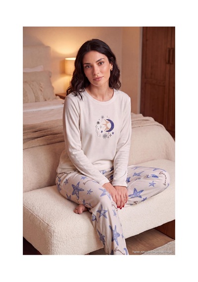 Lela Desenli Yumuşak Dokulu Uzun Kollu Pijama Takımı Kadın Pijama Takımı 65750155 Krem