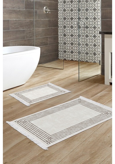 Dekoreko Kaymaz Taban Djt 2 Li Banyo Paspas Takımı Trend Saçaklı Modern M5142 Bej