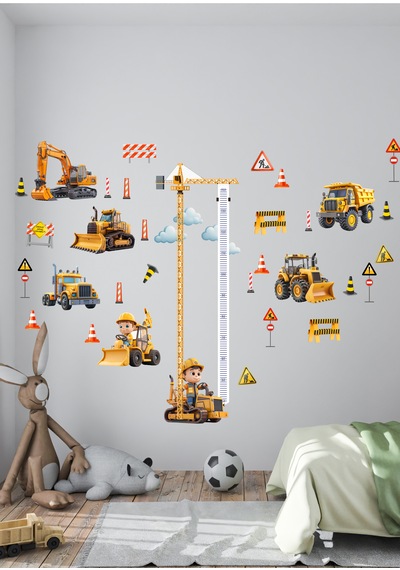 İş Makinası Temalı Boy Ölçerli Duvar Sticker Seti - Mat, Sökülebilir, Çocuk Odası Dekoru 01