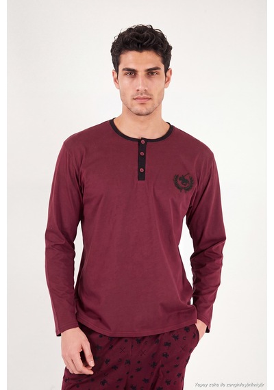 Buratti Desenli Pamuklu Düğmeli Bisiklet Yaka Pijama Takımı Erkek Pijama Takımı 6575002 Bordo