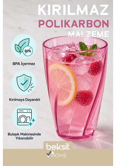Home Glassy Kırılmaz Polikarbon 6'lı Bardak Pembe 400 Ml Pembe Pembe