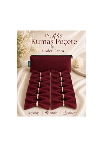 Bordo 12'li Kumaş Peçete Ve Inci Sunum Yüzüğü Özel Dikişsiz Jarse Kumaş Bordo Bordo
