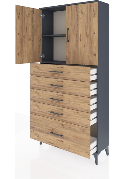 Arges Dolap 2 Raflı 5 Çekmeceli 2 Kapaklı 88x30x182 Antrasit-çam Antrasit