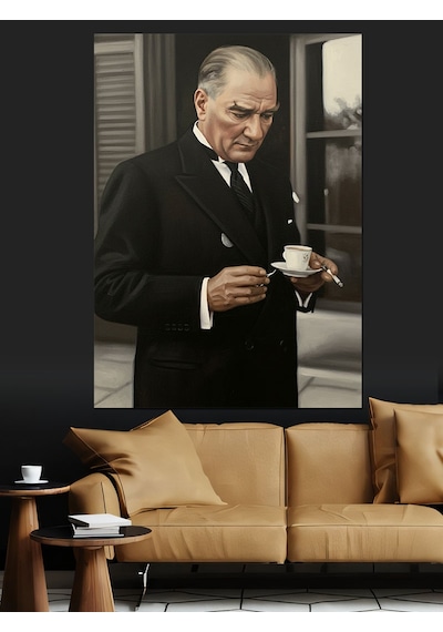 Kahve İçen Atatürk Fotoğrafı Dekoratif Kanvas - Mdf Ahşap Tablo