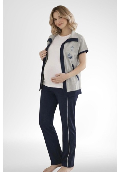 Mecit Pijama Mecit 6352 Lacivert Bayan Yelekli Hamile Lohusa Pijama Takımı