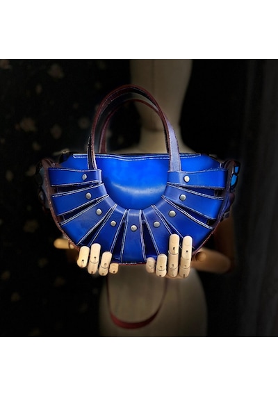 Carıdea El Yapımı Hakiki Deri Bayan Çanta, Clutch, El Omuz Çantası V43 Mavi
