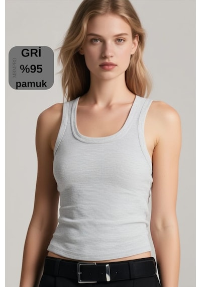 Mrmpro Kadın Lacivert Fitilli Görünümlü Kalın Askılı Basic Atlet Body %95 Pamuk Gri Melanj