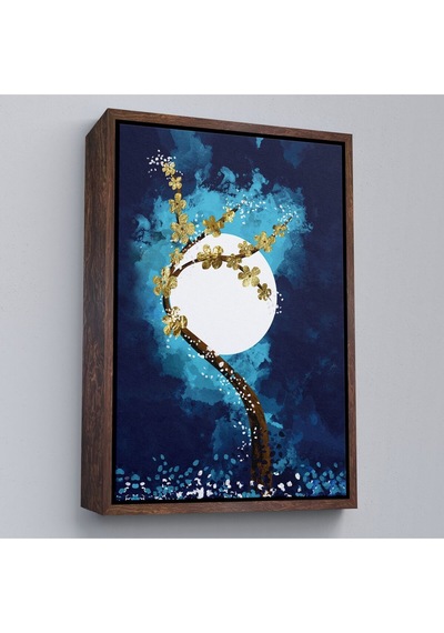 Çerçeveli Altın Çiçekli Ağaç Ve Ve Ay Kanva Tablo, Soyut Çağdaş Sanat Örneği-4971