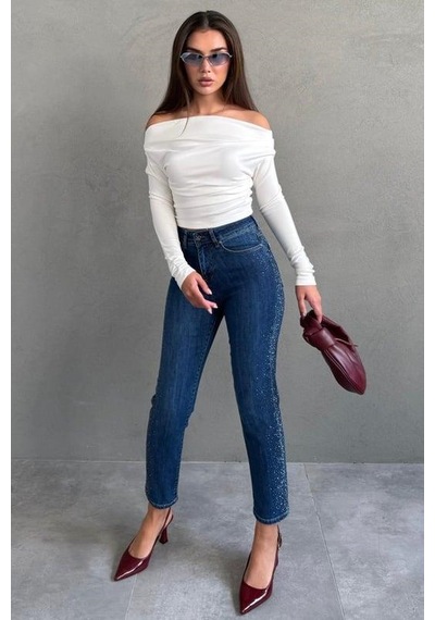Seeh Mavi Boru Paça Kadın Kot Pantolon Sh353 Desenli