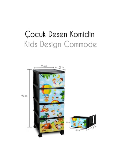 4 Katlı Çekmeceli Çocuk Desenli Baskılı Kapaklı Plastik Komidin - Oyuncaklık - Oyuncak Sepeti Siyah