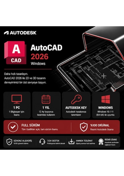 Autodesk Autocad 2026 Windows - 1 Pc 1 Yıl Autodesk Key Full Sürüm