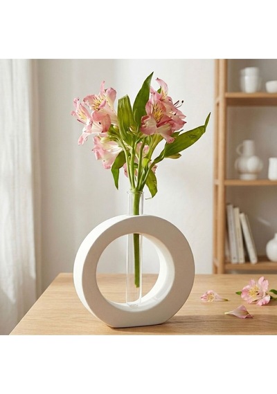 Beyaz Taş Tozu Halka Vazo Ve Cam Tüp Difüzör Seti - Minimalist Oval Geometrik Oda Kokusu Standı Beyaz