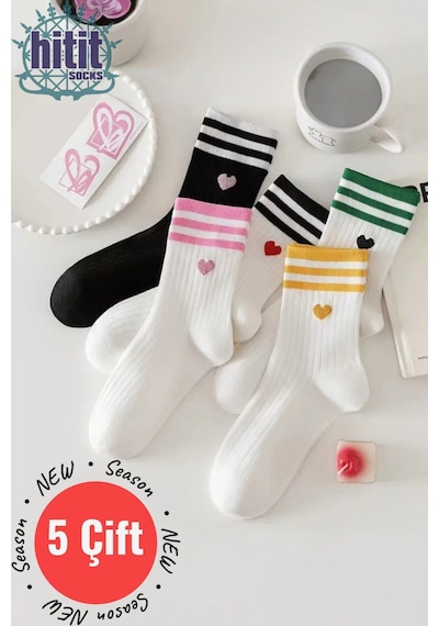 Hitit Socks Kadın 5 Çift Premium Kalite Çizgili Kalp İşlemeli Tenis Soket ASORTİ