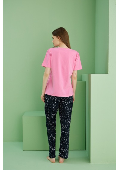 Siyah İnci Pamuklu Bisiklet Yaka Örme Pijama Takım25117061 Pembe