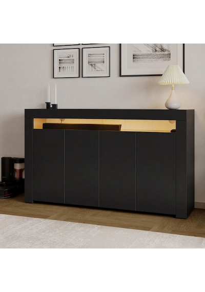 İnarch Dizayn Batı Led Işıklı Konsol Modern 4 Kapaklı Tv Konsolu - Tv Ünitesi Siyah