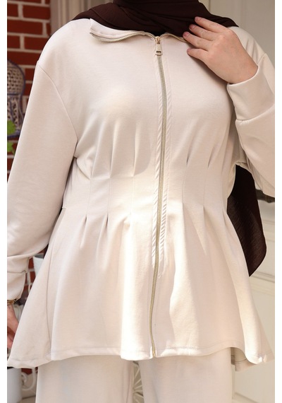 Balenbi Kadın Oversize Kesim Beli Pileli Ful Fermuarlı Modal Takım 1235 Taş